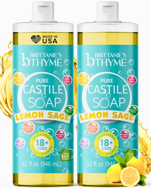 Brittanie’s Pure Castile Liquid Soap Refill, Lemon Sage, 32 Ounce Pack of 2 | Dish Soap, Hair & Body, Home, Gentle and Pure, Made with Natural Luxurious Oils, Vegan & Gluten Free Non-GMO