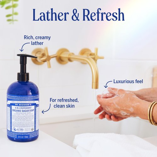 Dr. Bronner's - Organic Sugar Soap (Peppermint, 24 Ounce) - Made with Organic Oils, Sugar & Shikakai Powder, 4-in-1 Uses: Hands, Body, Face & Hair, Cleanses, Moisturizes & Nourishes, Vegan