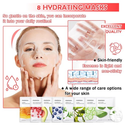 Skiennix 8PCS Hydrating Facial Sheet Masks - Moisturizing for All Skin Types | Revitalize Your Skin