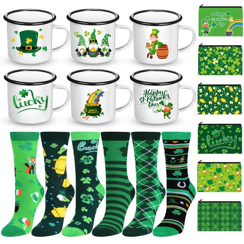 Singhoow 18 Pcs St Patrick's Day Gifts Set Happy St Patrick's Day Enamel Mugs Irish Shamrock Lucky Makeup Bags Green Clover Socks Bulk Party Favors Supplies for Women Coworkers Saint Patty's Decor