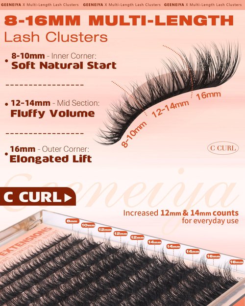 Geeneiya Fluffy Lash Clusters 8-16mm, Natural 3D Fluffy Effect Eyelash Clusters, C Curl DIY Cluster Eyelash Extensions for Salon-Like Lashes at Home