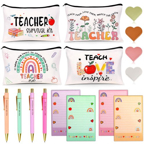 Teacher Appreciation Gifts Bulk, 16Pcs Gifts for Women with Teacher Survival Kit Makeup Bags, Bookmarks, Notepad and Pens, Valentines Christmas Gifts for Appreciation