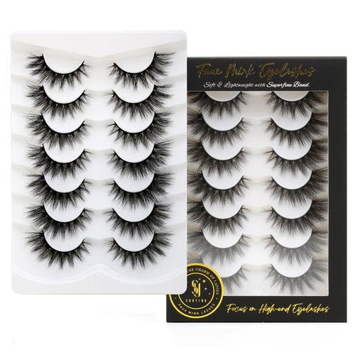 SHUYING False Eyelashes 16mm Faux Mink Lashes with Superfine Band Fluffy Cat Eye Strip Lashes Natural Look Soft Wispy Luxury Volume Fake Eyelash 7 Pairs Pack