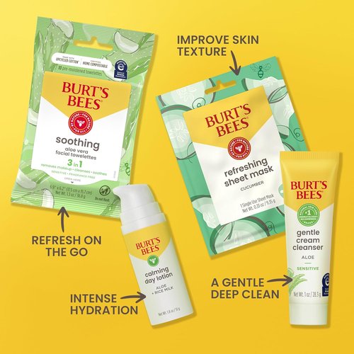 Burt's Bees Travel Size Gentle Skin Care Set - Cleanser, Towelettes, Lotion & Sheet Mask for Sensitive Skin