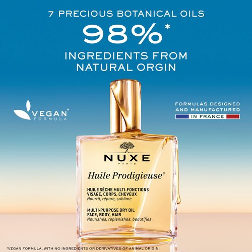 NUXE Huile Prodigieuse Multi-Purpose Dry Oil with 7 Botanical Oils for Radiant Glow and Hydration for Face, Body & Hair, 1.6 Fl Oz