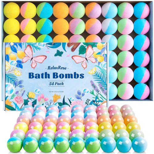 54 Pack Handmade Bath Bombs – 11 Vibrant Colors & 9 Unique Scents, Long-Lasting Fizzy Bubbles & Colorful Magic, 7-Minute Dissolve for Relaxation, Perfect for Birthdays & Summer Self-Care