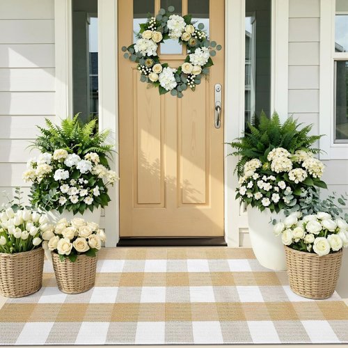 OLANLY Buffalo Plaid Rug - Washable Beige & White Cotton Checkered Doormat | 2' x 4'3" for Indoor/Outdoor Use