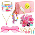 Silkfly 64 Pcs Preppy Make up Bag Gift Set for Girls 10-12 Tween Girl Waterproof Toiletry Pouch with Keychain Rimless Friendship Bracelets Heart Shaped Sunglass Necklace Earring Stickers
