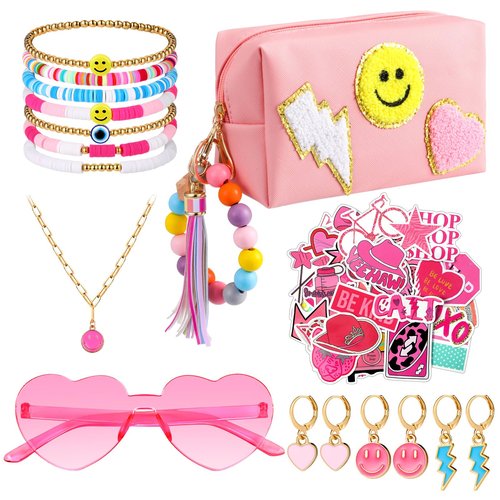Silkfly 64 Pcs Preppy Make up Bag Gift Set for Girls 10-12 Tween Girl Waterproof Toiletry Pouch with Keychain Rimless Friendship Bracelets Heart Shaped Sunglass Necklace Earring Stickers