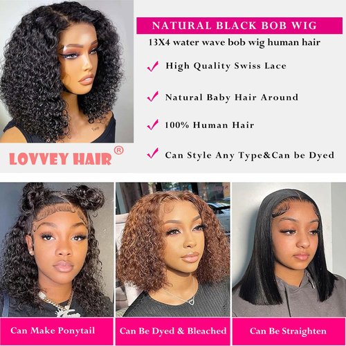 Bob Wig Human Hair 200 Density 13x4 Water Wave Lace Front Wigs Human Hair HD Transparent Lace Frontal Wigs Wet and Wavy Deep Wave Curly Short Bob Wig 12 inch