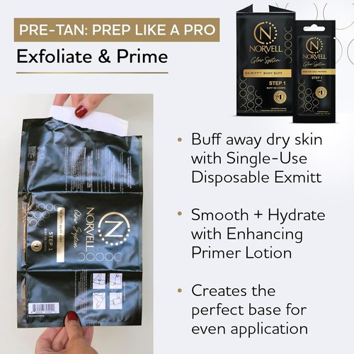 Norvell Glow System Trial Kit - 5-Step Sunless Tanning Essentials with Exmitt, Primer & Body Butter | Travel-Friendly Pouch