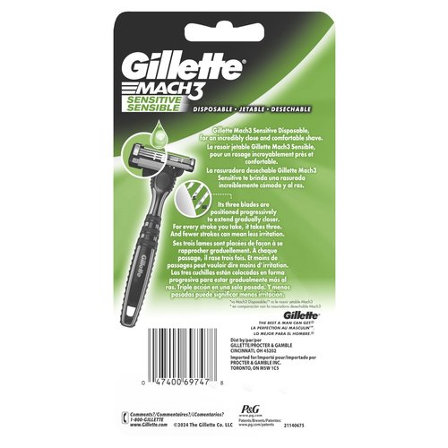 Gillette Mach3 Sensitive Razors for Men, Men’s Disposable Razors, Pivoting Head for Close and Comfortable Shave, 7 Count