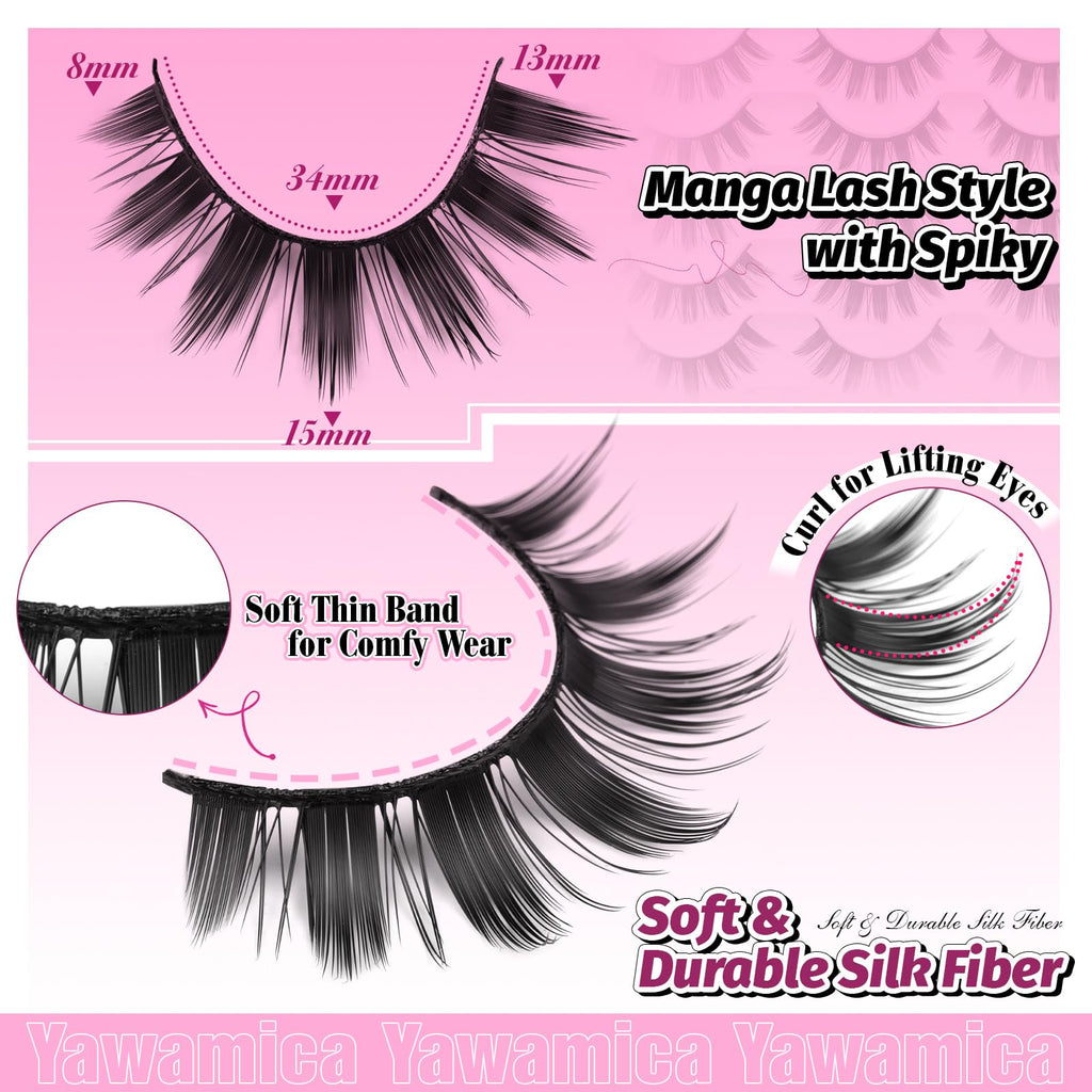 Yawamica Wispy Manga Lashes 8D Thick & Spiky False Eyelashes 15mm Doll Lashes Anime Eyelashes Style Natural Look 14 Pairs Pack Strip Lashes Look like Eyelash Extension