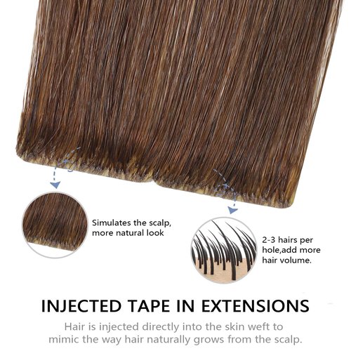 COOKAYU Invisible Tape in Human Hair Extensions, Medium Brown Injected Tape ins Real Human Hair Seamless Extensions 20pcs 30g 14Inch