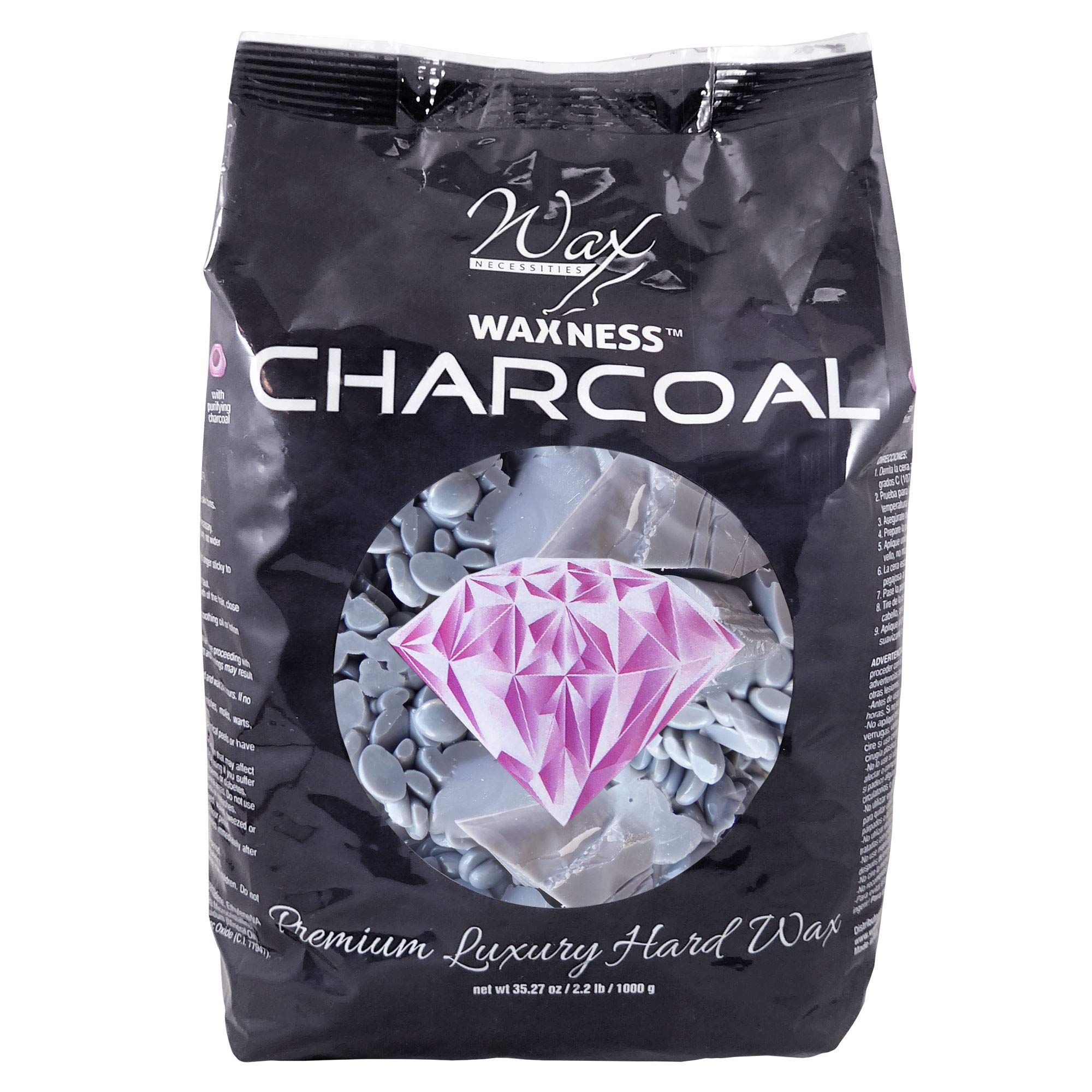 Waxness Charcoal Hard Wax Beads 2.2 lb (1 kg) – Premium Synthetic Rosin-Free Stripless Wax with Creamy Film Formula for Sensitive Areas, Professional Use – Made in Italy