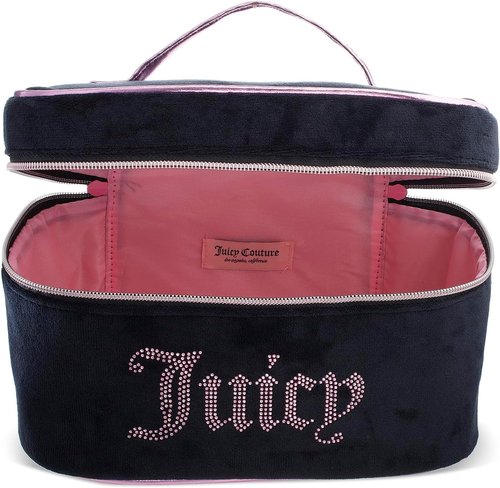 Juicy Couture Makeup Bag - Black & Pink Velour Cosmetics Organizer with Rhinestones | Travel Essentials