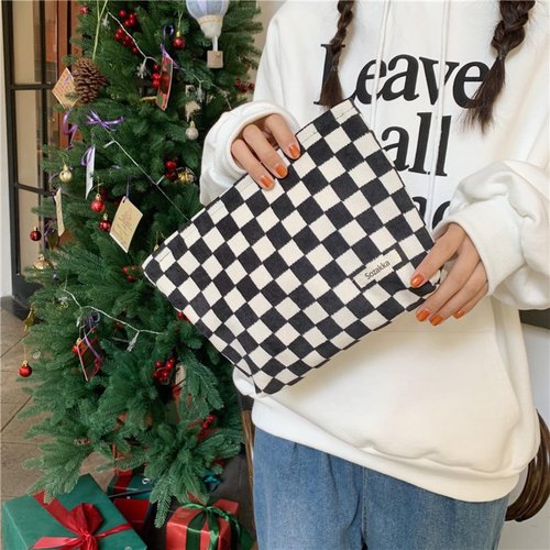 BIVIZKU Travel Checkered Makeup Bag, Corduroy Cosmetic Bag for Purse, Small Cosmetic Zipper Pouch Cute Travel Checkered Makeup Bag Gift for Women,Girls (black)