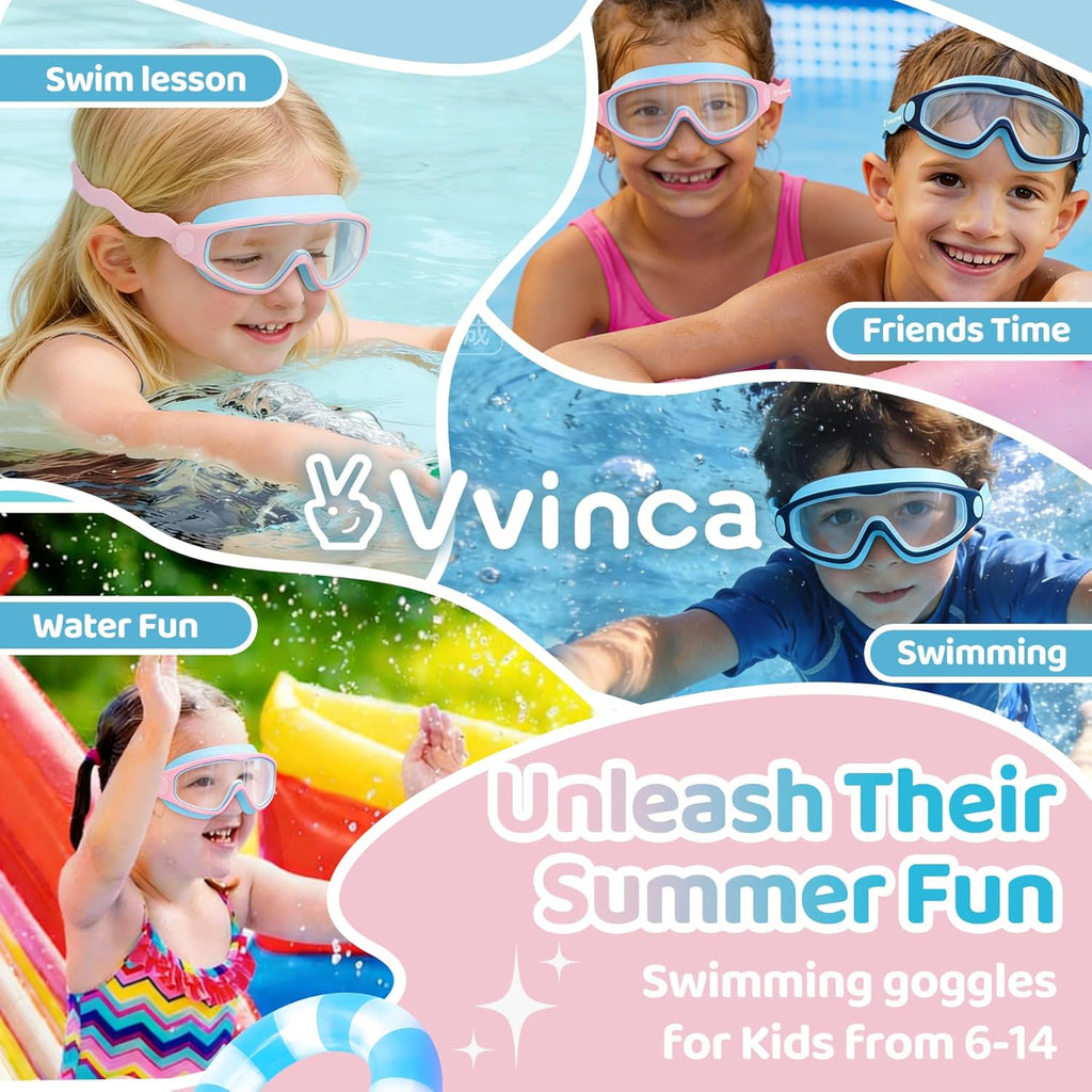 Vvinca Kids Swim Goggles - Soft Wave-Shape Strap, Anti-Fog & Leak-Free | 2 Pack for Ages 3-15