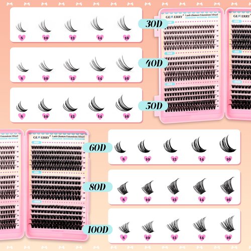 GEMERRY 565Pcs Lash Clusters D Curl Volume Eyelashes Clusters Extensions with Thin Band for DIY at home (30D+40D+50D+60D+80D+100D, 8-16mm)