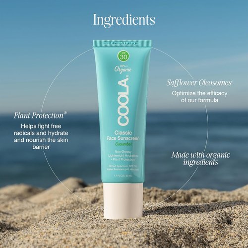 COOLA Organic Face Sunscreen SPF 30 - Vegan & Gluten-Free Daily Sunblock Lotion | Cucumber, 1.7 Fl Oz