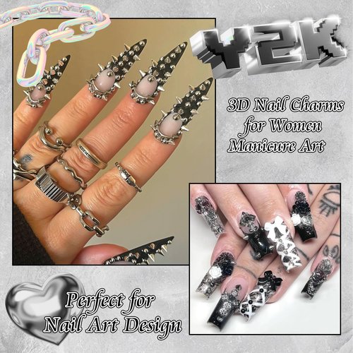 BELICEY 190PCS 3D Nail Charms - Silver Star Cross Planet Rivet Punk Cone Jewels for Acrylic Nails