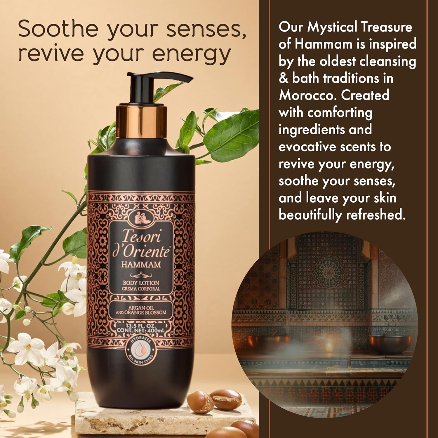 Tesori d’Oriente Hammam Body Lotion - Fast-Absorbing Daily Moisturizer with Argan Oil | 13.5 fl oz, Orange Blossom Scent