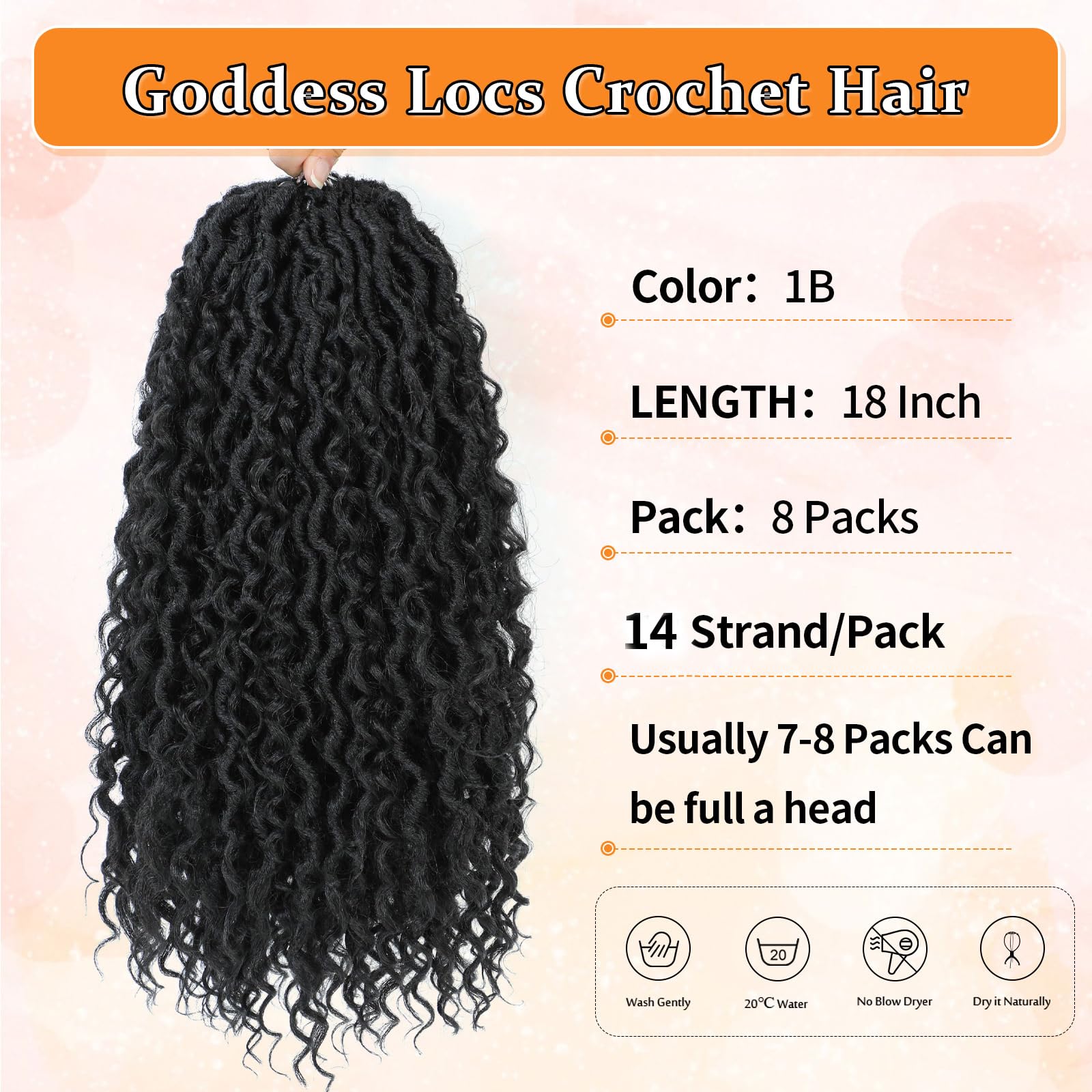 Wodun Goddess Locs Crochet Hair 18inch, 8 packs Faux Locs Crochet Hair,Pre-looped Crochet Hair with Curly Ends, River Locs Crochet Hair For Black Women (18 Inch (Pack of 8), 1B)