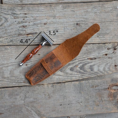 JJNUSA Old Fashioned Sleeve Travel Pouch Leather Safety Razor Case, Double Edge Razor 4.5", Shaving Accessories, Personal Care Essentials, Men's Shaving Razor Flower brown