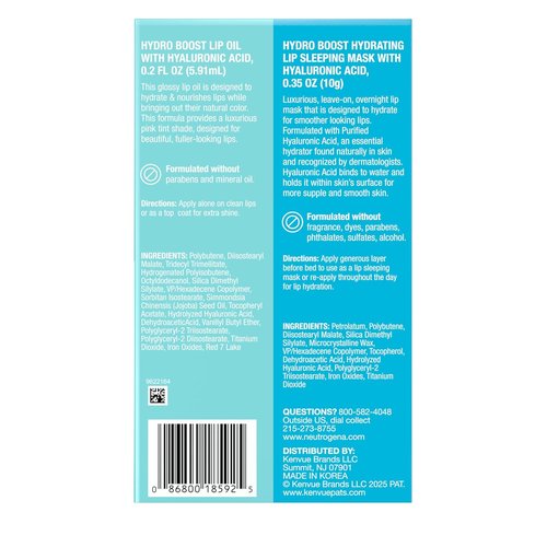 Neutrogena Hydro Boost Lip Hydration Kit - Light Pink Tinted Lip Oil & Clear Overnight Mask with Hyaluronic Acid