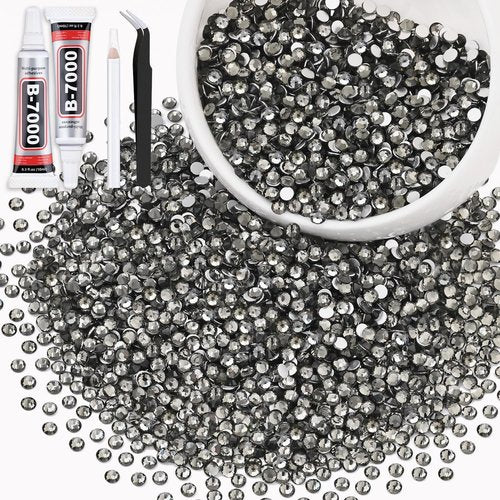 3000PCS SS12/3mm Crystal Rhinestones (Black Diamond) with 2Pcs 10ml B7000 Jewelry Glue, Bedazzling Flatback Glass Rhinestones for Crafting, Gems Diomand Charms for Tumbler Shoes Clothing Mugs Nail Art