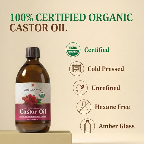 BELMAK Organic Castor Oil Cold Pressed Unrefined, USDA Certified & Hexane Free, 100% Pure Ricinus Communis Oil for Hair, Scalp, Brows and Lashes in Amber Glass Bottle (16.2 oz)