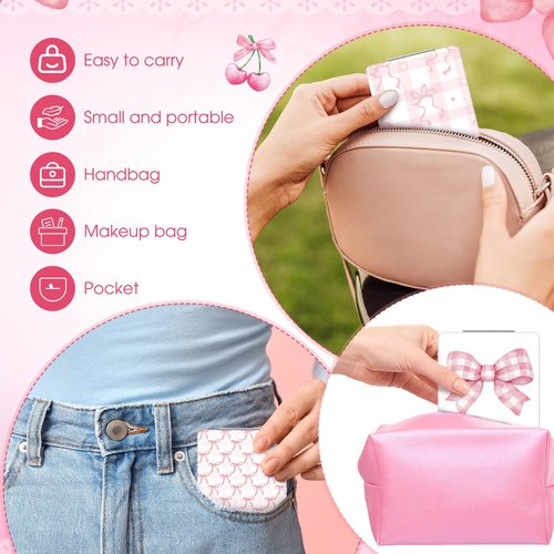 Geelin 6 Pcs Coquette Pink Bow Compact Mirror Bulk for Purse Small Pocket 1X/2X Magnifying Portable Makeup Double Sided Travel Mirror Aesthetic Preppy Gift for Women Girl Bridal Shower Party (Square)