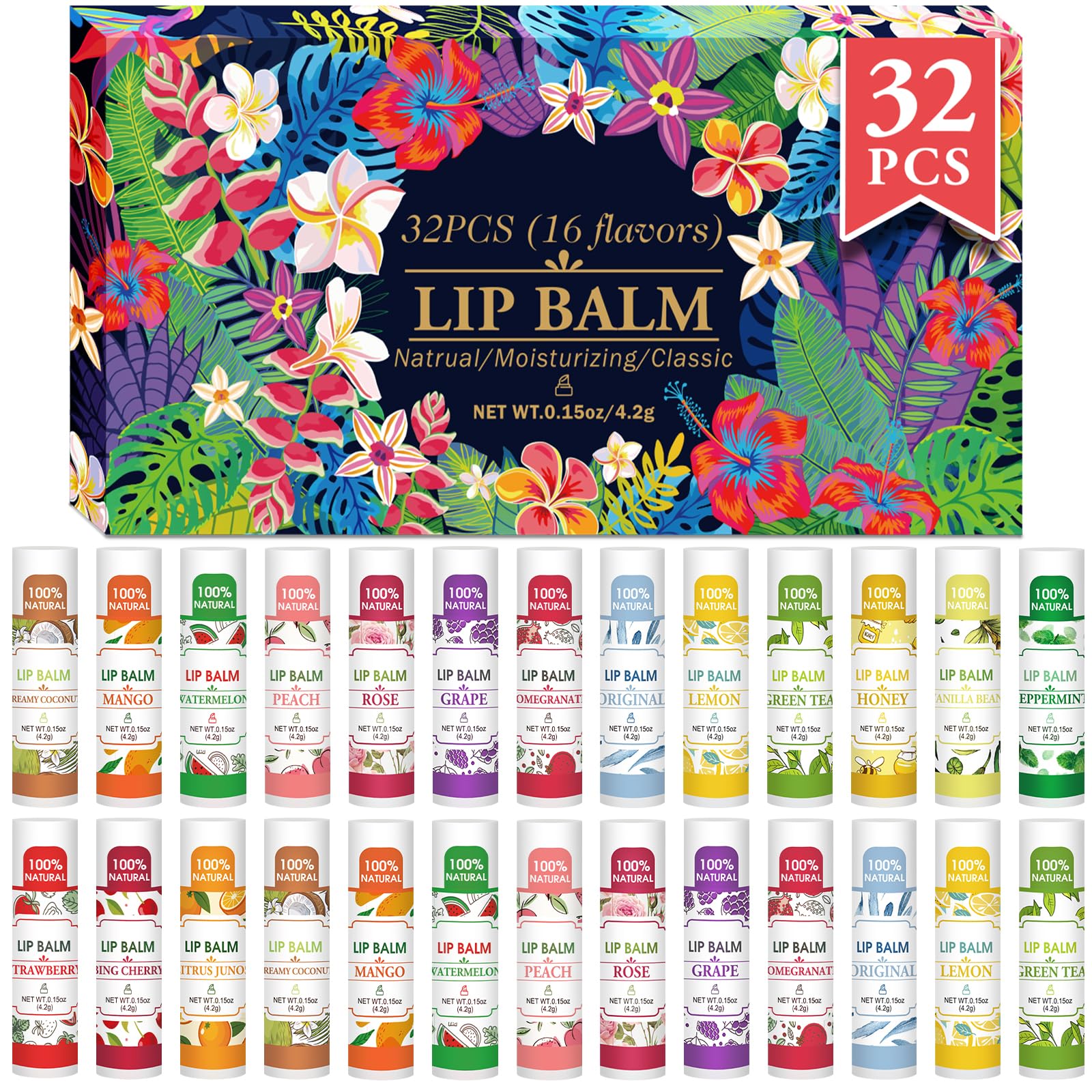 VISRIE 32 Pack Lip Balm, Natural Lip Balm Bulk with Vitamin E and Coconut Oil, Moisturizing Lip Balms for Dry Lips-16 Flavors