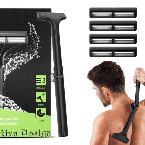 Manual Back Shaver for Men with Long Extendable Handle, Body Back Hair Trimmer for Men with 4 Replaceable Blades, Self-Service Body Groomer Razor, Wet & Dry Shaver for Easy Hair Removal black