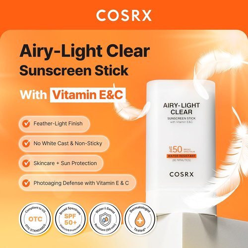 COSRX Airy-Light Clear Sunscreen Stick - SPF 50 with Vitamin E & C | Lightweight, No White Cast, 0.67 oz