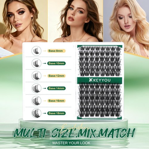 Lash Clusters 96pcs Individual Lashes Y01 D Curl 8-12MIX Cluster Lashes KEYYOU Volume Wispy Lash Extension Soft&Comfortable Easy DIY at Home(Y01,D-8-12MIX)