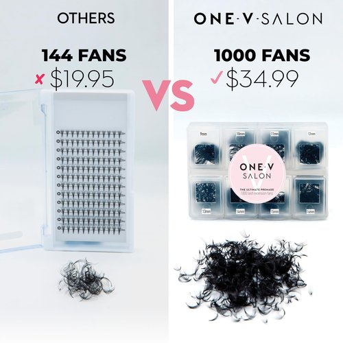 One V Salon, 1000 Loose Professional Use Premade Fans Eyelash Extensions, C Curl Volume Lashes, 10D 20D 14D-0.05 Thickness, 9-16mm Fluffy Handmade Fan Mixed Tray