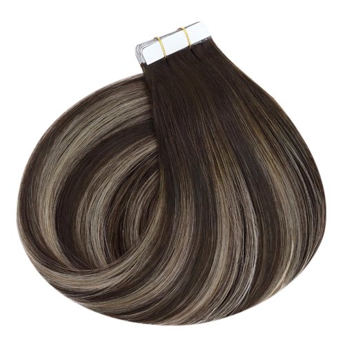 Ugeat Dark Brown Tape in Hair Extensions Human Hair Ombre Hair Extensions Tape in Dark Brown Mix Ash Brown Balayage Color Invisible Seamless Short Length for Wedding 14 Inch 20Pcs 40G