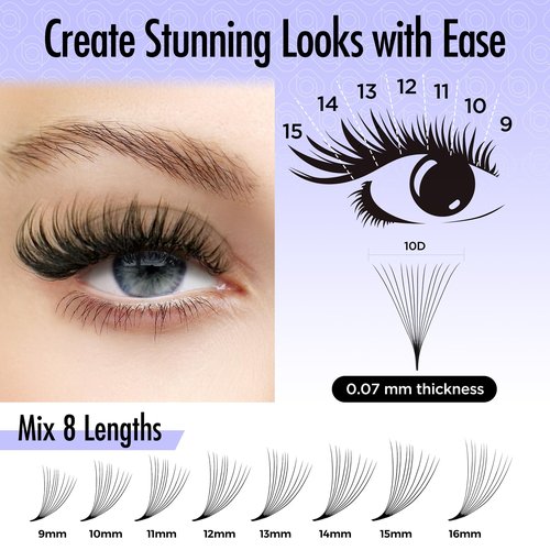 BEYELIAN Premade Volume Eyelash Extensions Mixed Tray 1000 Fans 9-16mm 0.07mm 10D C Curl Premade Fans Eyelash Extensions Handmade Promade Loose Fans Thin Base