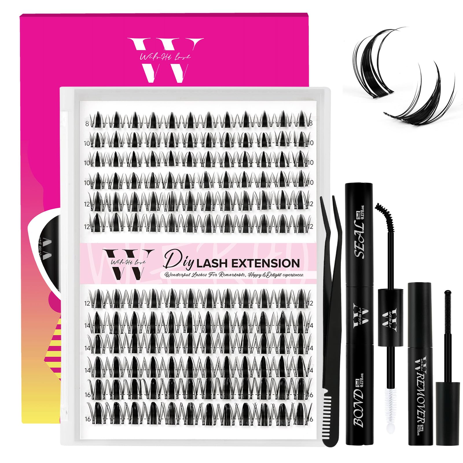 WLFRHD Manga Lash Clusters Kit DIY 144Pcs Fairy Eyelash Clusters Natural Lashes Kit with Anime Lash Clusters Bond and Seal, Remover and Tweezers for Invisible Band Eyelash Extensions Kit(D-Mix8-16mm)