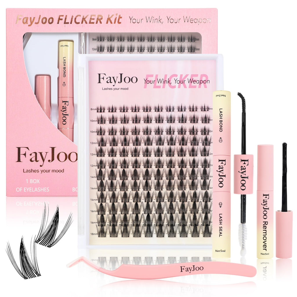 Wispy Spiky Soft Lash Clusters Kit, C Curl 8-18mm, Thin Fiber with 0.05mm Invisible Band, DIY Salon Eyelash Extension Kit with Bond Seal Remover Tweezers, Lightweight, FayJoo FLICKER 11 Kit