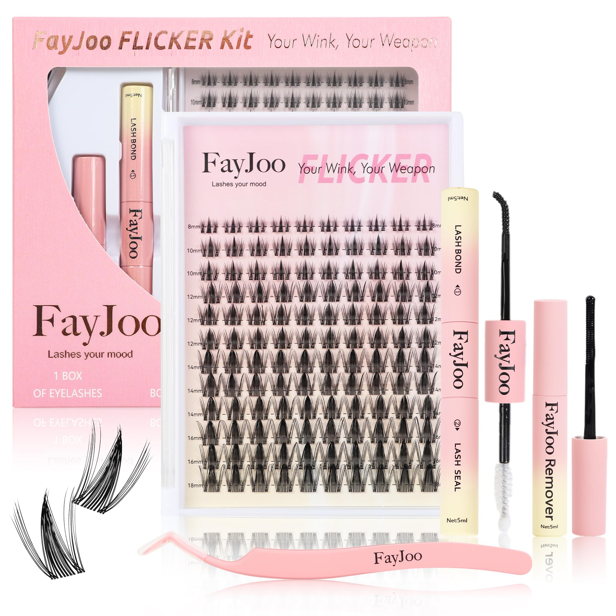 Wispy Spiky Soft Lash Clusters Kit, C Curl 8-18mm, Thin Fiber with 0.05mm Invisible Band, DIY Salon Eyelash Extension Kit with Bond Seal Remover Tweezers, Lightweight, FayJoo FLICKER 11 Kit