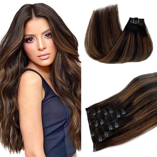 Clip in Hair Extensions, Omber Black to Chestnut Brown and Black 15inch 70g 7pcs Clip in Hair Extensions Real Human Hair Straight Remy Hair Clip in Hair Extensions