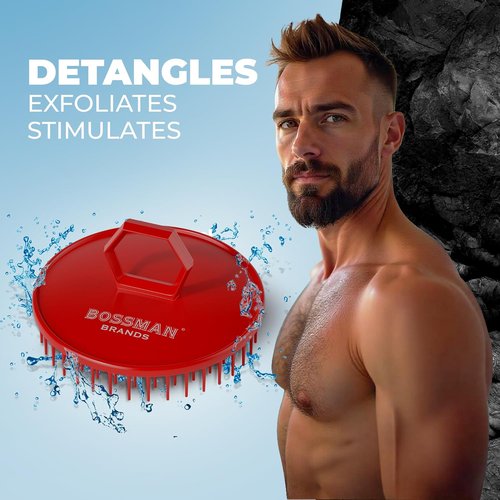 Bossman Scalp Massager & Shampoo Brush - 3 Inch Red Scalp Exfoliator & Head Scrubber for Hair and Beard Care