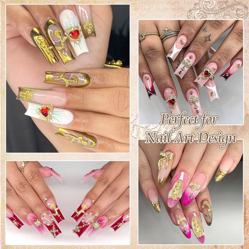 RODAKY 120PCS Gold Nail Charms Cross Nail Art Jewelry 3D Heart Crystal Rhinestone Rose Charms for Nails Virgin Mary Metal Nail Gems Luxury Nail Decoration Diamonds for Manicure Design Craft DIY