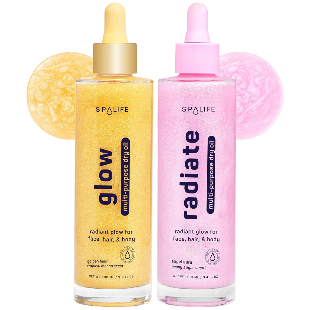 SpaLife Beauty Shimmer Oil Bundle - Radiate & Glow Dry Oil Duo with Mango & Peony Scents - Hydrating Moisture