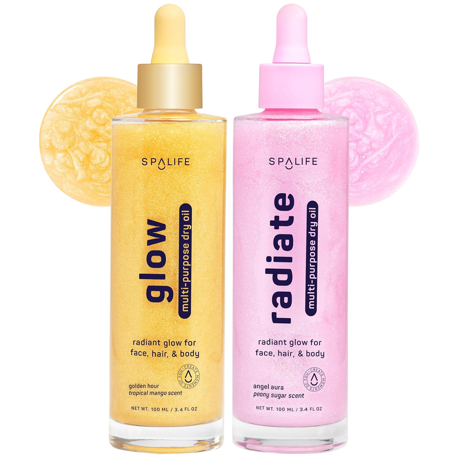 SpaLife Beauty Shimmer Oil Bundle - Radiate & Glow Dry Oil Duo with Mango & Peony Scents - Hydrating Moisture