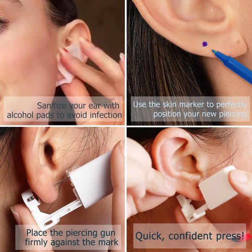 KRFY Ear Piercing Kit Sets, Disposable Stainless Steel Ear Piercing Gun with Preloaded Stud Earrings for Women, Self Pierce Studs Kit Tool, Flat Back Hoop Earrings Cartilage Jewelry One Gold Plated