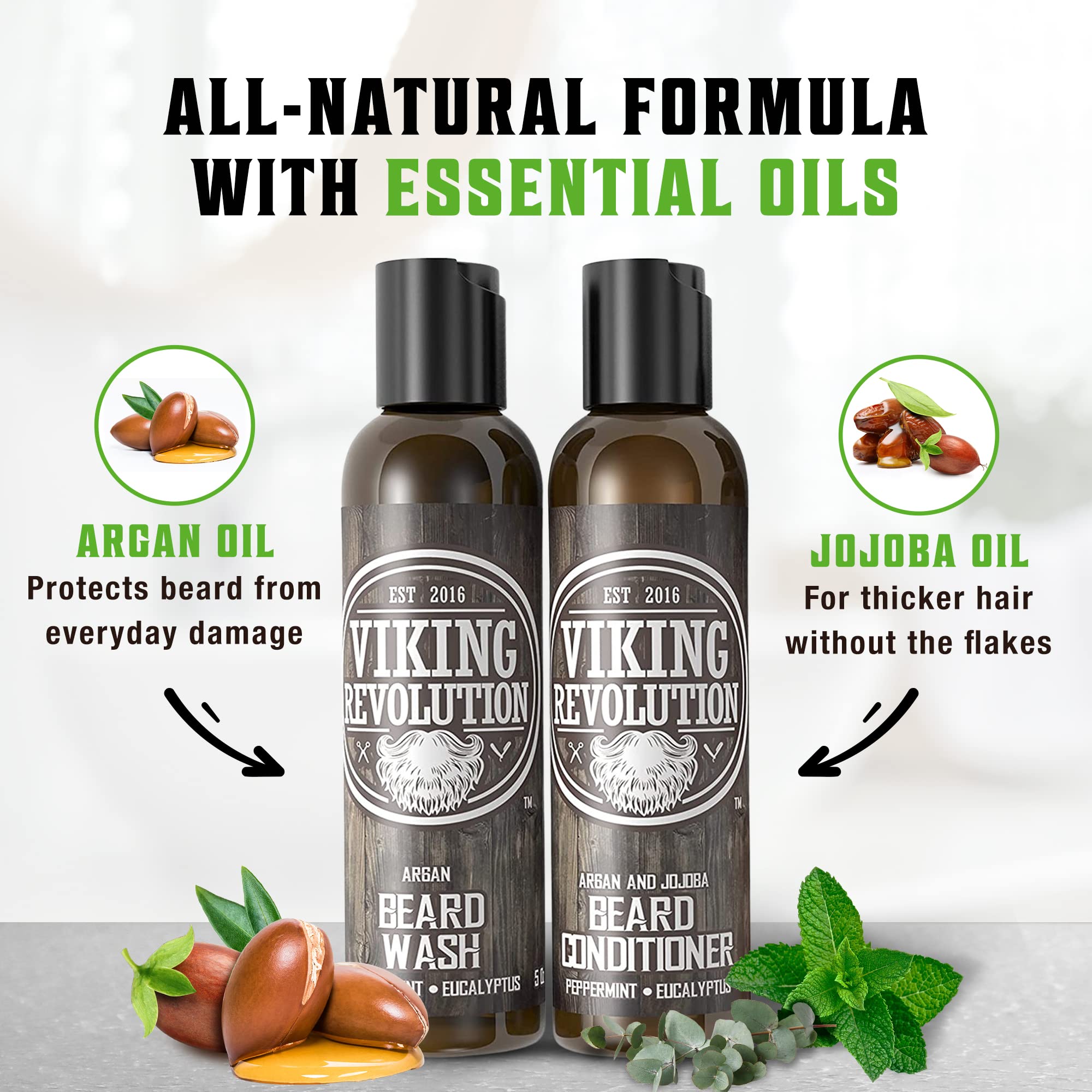 Viking Revolution Beard Care Set with Argan & Jojoba Oils - Softens, Smooths & Nourishes Facial Hair Growth - Peppermint and Eucalyptus Scented Wash & Conditioner (5 oz)