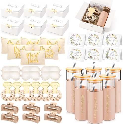 Tioncy 42 Pcs Bridesmaid Proposal Gifts Bridal Shower Wedding Gift Box Makeup Bags Invited Cards Tumblers with Lids and Straw Scrunchies Eye Mask Hair Clips for Maid of Honor(Champagne)